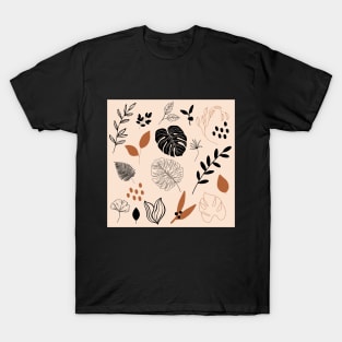 Tropical mixted leaves pattern black dark orange and beige T-Shirt